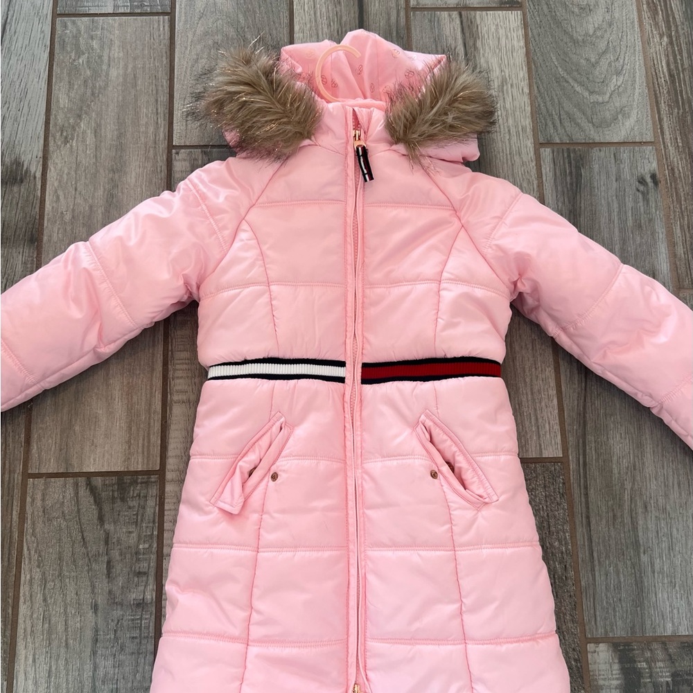 Girls' Light Pink Puffer Coat with Hood and Faux Fur Trim